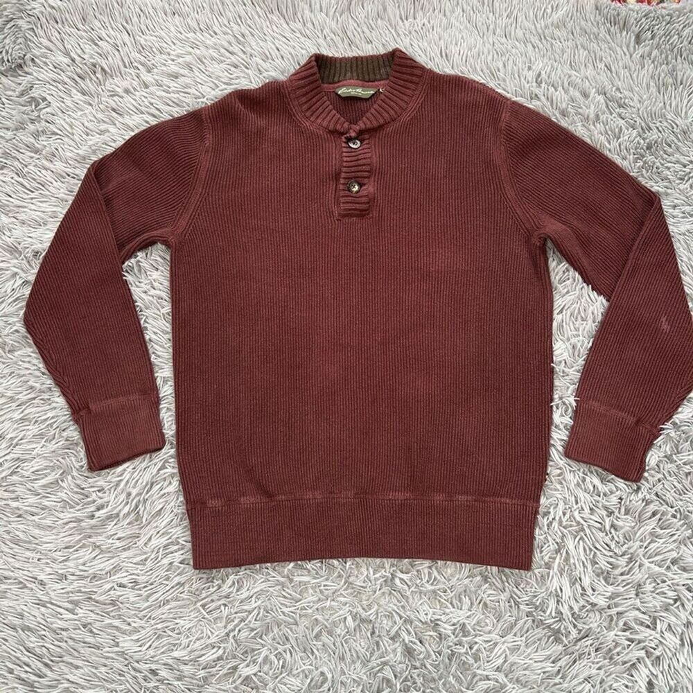 Eddie Bauer Mens Henley Sweater Ribbed Maroon Size Medium